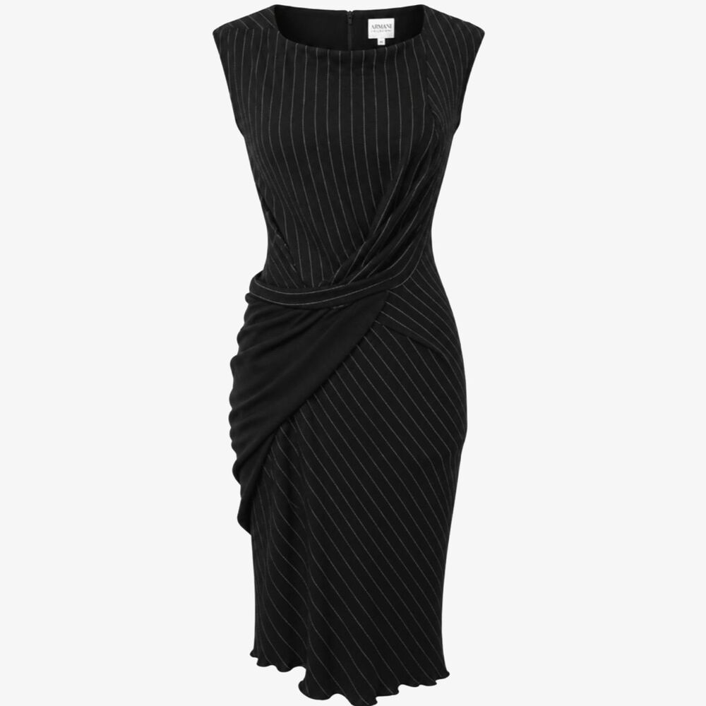 Max Mara Black Pinstripe Draped Wrap Midi Dress